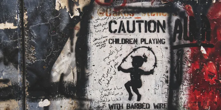Eine Betonwand, bedeckt mit Schmutz, Farbe und Graffiti. Die einzige freie Stelle befindet sich in der Mitte, wo auf Englisch "Caution, Children playing with barbed wire" gesprüht ist. Zwischen diesem Text ist die schwarze Silhouette eines kleinen Mädchens zu sehen, das mit Stacheldraht statt mit einem Seil Hüpfseil spielt.
